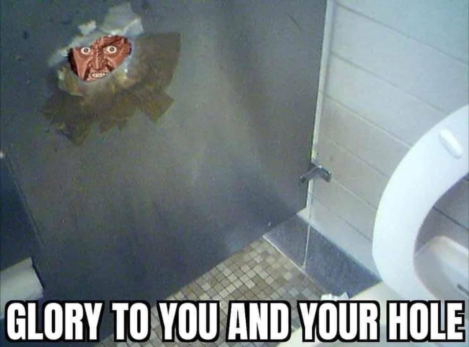 The meme is a picture of a toilet stall with a hole in the wall, and a face is sticking out of the hole. The face is a cartoonish, exaggerated expression with a wide mouth and bulging eyes. The text at the bottom of the image reads "I can see you" and "I know what you did last summer".